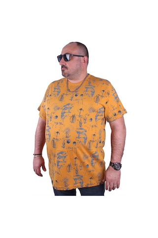 Starbattal Büyük Beden Sıfır Yaka Tişört Compass Holiday 23151 Hardal-Hardal Çok Renkli