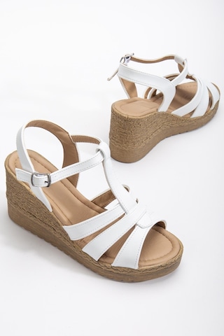 Kadın Dolgu Topuk Sandalet Ayakkabı Beyaz 3 Bantlı Baretli-3938 Beyaz