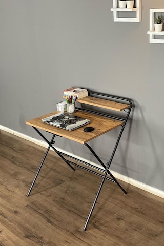 Lich Metal Ayaklı Katlanır Çalışma Masası Raflı Laptop Sehpası Çizim Ve Ders Masası Ceviz - Siyah