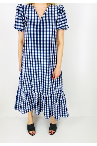 Ekose Desen Volanlı Elbise Mavi