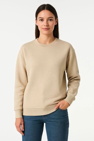 Vinevesta Kadın 3 İplik Pamuklu Düz Bisiklet Yaka Sweatshirt - Bej Çok Renkli