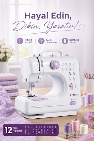 Torima DM01 12 Desenli Pedallı Ev Tipi Beyaz Mini Dikiş Makinesi