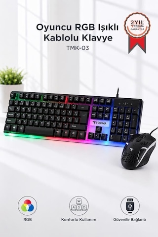 Yazı Aracı Ofis Gereci Oyun Aksesuarı Oyuncu Rgb Işıklı Kablolu Q Klavye Ve Mouse Seti Tmk03