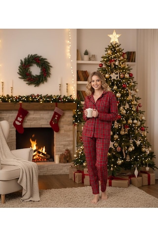 Guava Kadın Desenli Slim Fit Gömlek Yaka Önden Düğmeli Dar Kalıp Mevsimlik Uzun Kollu Pijama Takımı Ekose