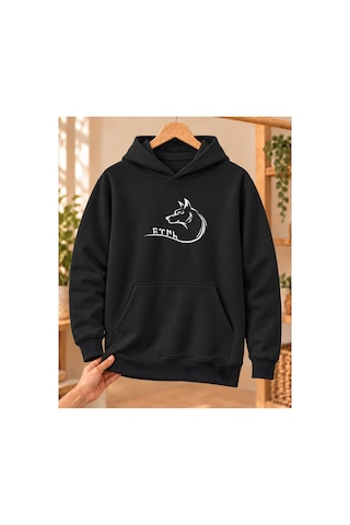 Mor Mürekkep Bozkurt Profili Ve Kavisli Göktürk Yazısı Baskılı Kapüşonlu Sweatshirt - Siyah