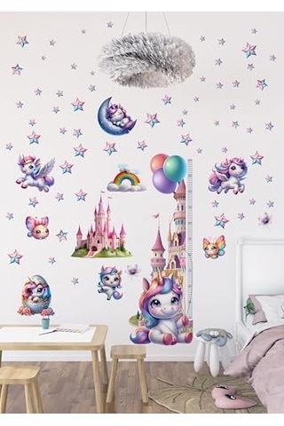 Unicorn Temalı Gökkuşağı Renkli Boy Ölçerli Duvar Sticker Seti - Mat, Sökülebilir, Çocuk Odası Dekoru