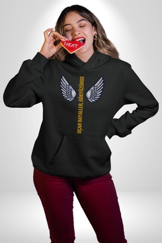 Uçan Hayaller Gökyüzünde Melek Kanatları Kadın Erkek Siyah Kapüşonlu Sweatshirt Hoodie Siyah