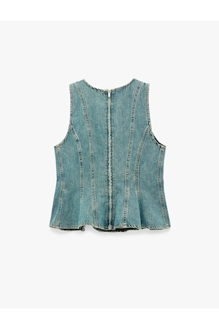 Koton Pamuklu Bisiklet Yaka Fermuarlı Nervürlü Kolsuz Denim Bluz Ovd 6sal30031md