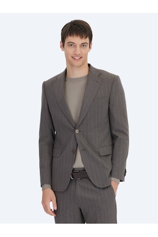 Kahverengi Çizgili Modern Fit Yün Karışımlı Takım Elbise Kahverengi