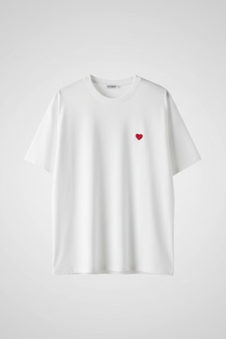 Feg Store Kadın Beyaz Kalp Nakışlı Oversize Bisiklet Yaka T-shirt