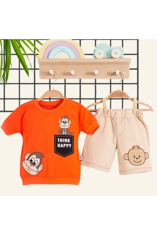 3-18 Ay Erkek Bebek Alt&üst Takımı Maymun 2li Turuncu Turuncu