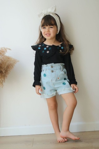 Kız Çocuk Papatya Nakış Kot Şort Bady Tarz Takım 001