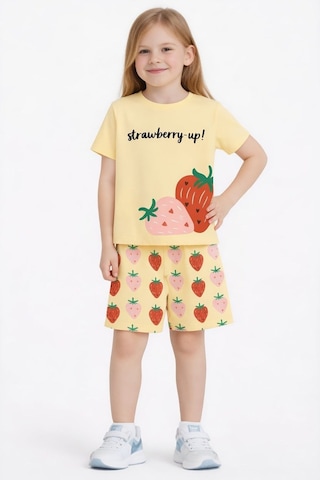 Name Baby & Kids Kız Çocuk Şortlu Yazlık Pijama Takımı - Çilek Nbk-6154 Sarı