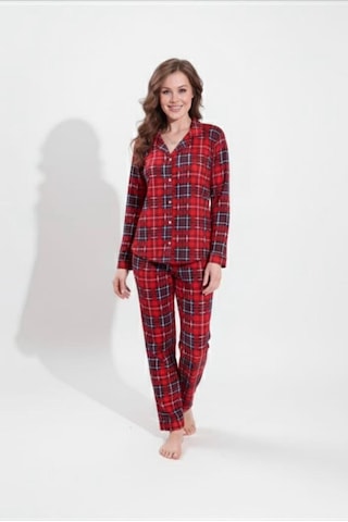 Ekose Desenli Düğmeli Uzun Kollu Kadın Pijama Takımı Yeşil
