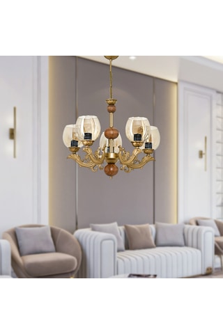 Beş Kollu Ahşaplı Eskitme Sava Zamak Avize Bal Rengi Camlı Eskitme Bal
