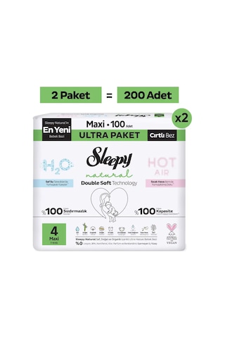 Sleepy Natural Double Soft Ultra Fırsat Paketi Bebek Bezi 4 Numara Maxi 200 Adet