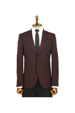 Kendinden Desenli Slim Fit Sivri Yaka Bordo Erkek Ceket 001
