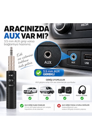 Bluetooth Aux Araç Kiti 5.0 3.5 Mm Adaptör Type-c Şarjlı Mikrofonlu