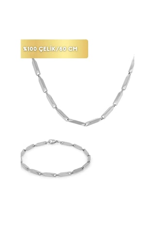 Küp Üçgen Model Kararmaz Çelik Unisex Kolye Ve Bileklik Set Silver