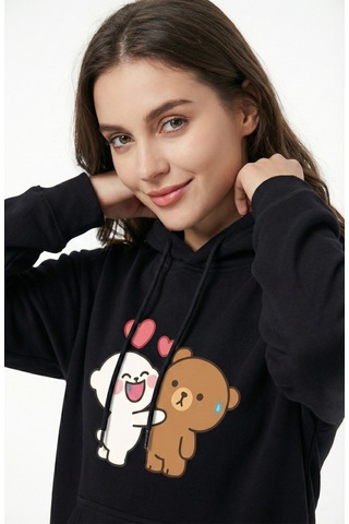Nevermind Unisex Oversize Hoodie Kalpli Figür Baskılı Siyah