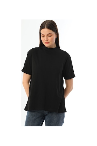 Kallima Siyah Dik Yaka Rahat Kalıp  Pamuk T-Shirt Siyah