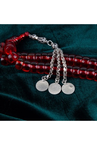 Osmanlı Ateş Kehribar 1900'ler Dönem İşi 925 Ayar Gümüş Püskül Fıçı Kesim 14x8mm Tesbih Kırmızı
