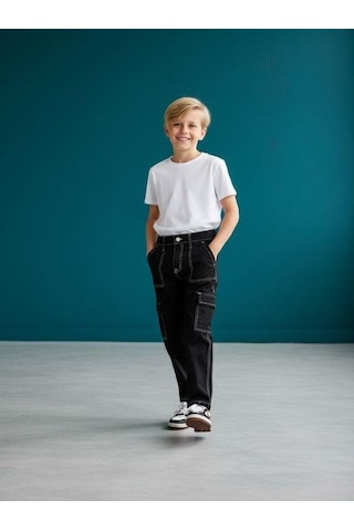 Zekids Çocuk Kargo Cepli Kontrast Dikişli Geniş Paça Pantolon-16618 Siyah
