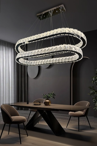 2 Katlı Yemek Masası Üstü Taşlı Modern Avize Krom