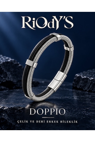 Riody's Doppio Erkek Bileklik Çelik Ve Siyah Deri Çift Sıra Bas-aç Kilitli Modern Tasarım Gümüş - Siyah
