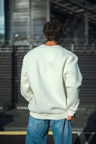 Modi Kışlık Bisiklet Yaka Üç İplik Basic Sweatshirt - Beyaz Açık Kahverengi - Beyaz
