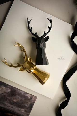 2 Li Set Geyik Figürlü Obje Tasarım Modern Dekoratif Hediyelik Biblo Siyah-gold 16cm Altın Varak
