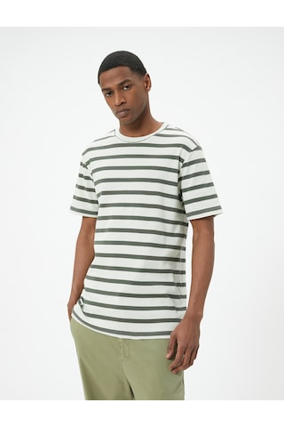 Koton Basic Tişört Slim Fit Çizgili Bisiklet Yaka Kısa Kollu Haki Çizgili 4sam10843hk Haki