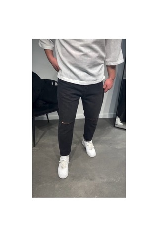 Butik İstanbul Erkek Siyah Dizi Yırtık Boyfriend Jean