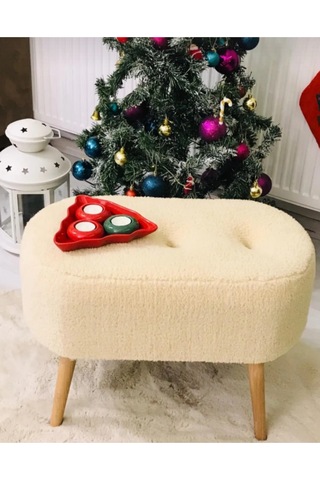Gürgen Ahşap Ayak Tedy Kumaş Oval Pufidik Puf Bench Krem