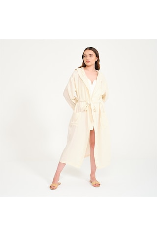 Unisex Kapüşonlu Uzun Müslin Bornoz-Bej