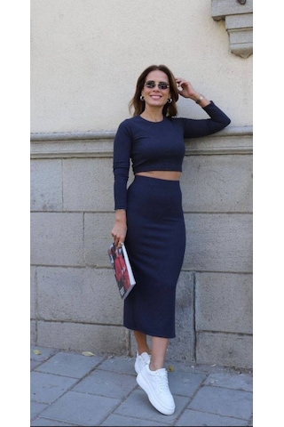 Ge Ticaret Kadın Soft Kaşkorse Kumaş Bluz Ve Yırtmaç Detaylı Etek Ikili Takım Lacivert