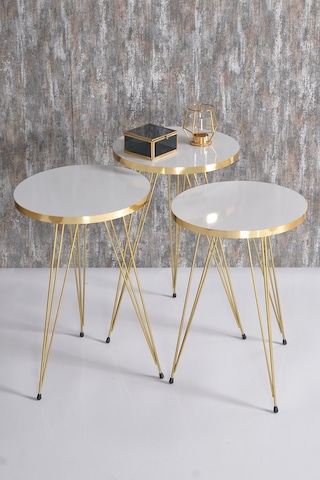 Zigon Sehpa Ve Orta Sehpa Elips Set Gold Beyaz Tel Ayak