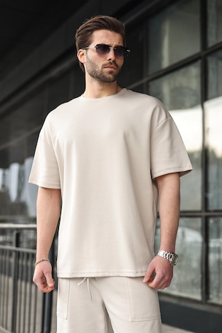 Madmext Taş Rengi Bisiklet Yaka Oversize Erkek Şort T-shirt Takım E7355 Taş Rengi