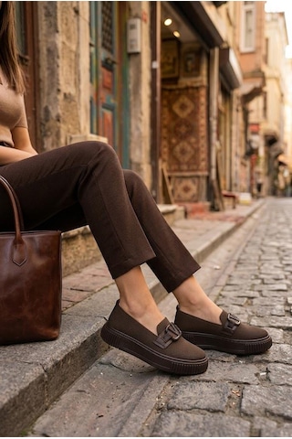 Fort Ventes 346411 Rahat Toka Aksesuarlı Triko Loafer Kadın Ayakkabı Kahverengi