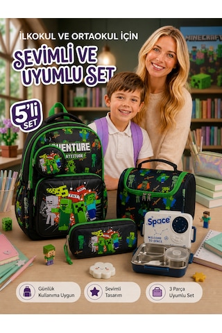 5'lü Erkek Çocuk İlkokul Ortaokul Çanta Seti, Okul Çantası Paslanmaz Çelik 3 Bölmeli Geniş Ve Derin Beslenme Kabı 1050ml Buz Yeşil