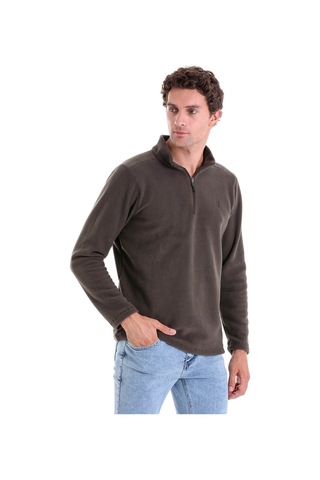 Hatemoğlu Regular Fit Düz Tam Boy Fermuarlı Polar Sweatshirt Haki
