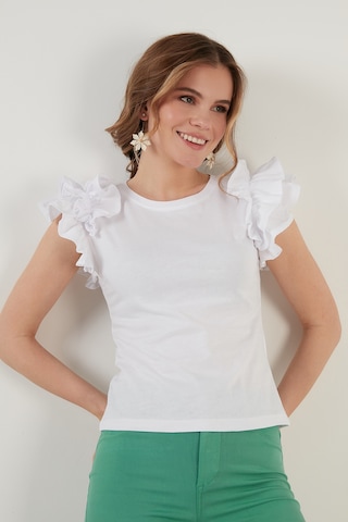 Lela Pamuklu Kolları Fırfırlı Slim Fit Bisiklet Yaka Bayan T Shirt 5864500 Beyaz