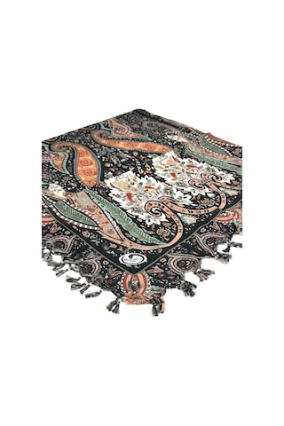 Huzurlu İpek Sökme Boncuklu Pamuk Yazma - 06567 Siyah-kiremit