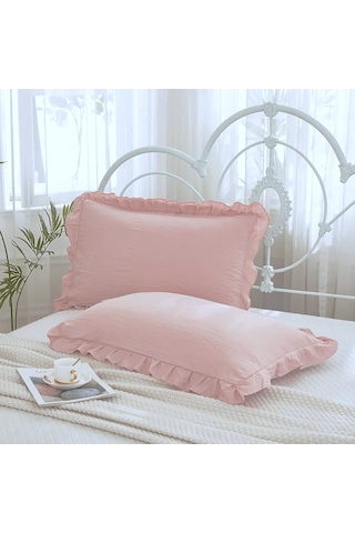 %100 Pamuklu Pembe Lilak Fırfırlı İki Adet 50x70 Yastık Kılıfı