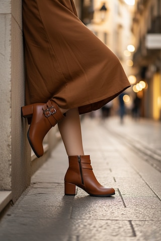 Kadın Hermina Çift Tokalı Kısa Bot Taba Deri