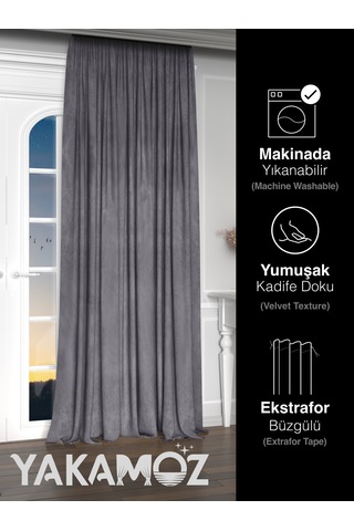 Yakamoz Kadife Görünüm Karanlık Gri Ada Fon Perde Ekstraforlu Velvet Touch Serisi Karanlık Gri