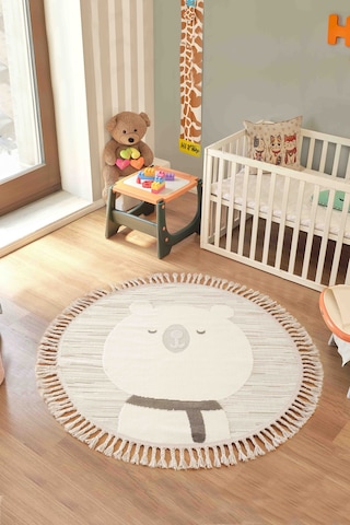 Bercairo Kids 9272 Ayıcıklı Hayvan Figürlü Yuvarlak Dokuma Çocuk Odası Halısı Yumuşak Bebek Odası Halısı Krem