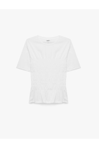 Koton Pamuklu Slim Fit Bisiklet Yaka Kısa Kollu Bel Vurgulu Büzgülü Tişört Beyaz 7wak50084ek