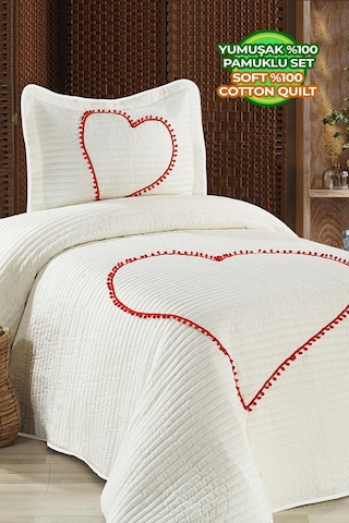 Evlen Home %100 Pamuk Tek Kişilik Larin Kalpli Ponponlu Yatak Örtüsü Elyaf Dolgulu Pike Takımı Krem