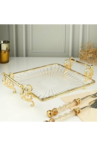 Royking 25 25 Cm Kare Gold Kenarlı Ayaklı Cam Servis & Sunum Tabağı Şık Ve Dekoratif Gold - Şeffaf